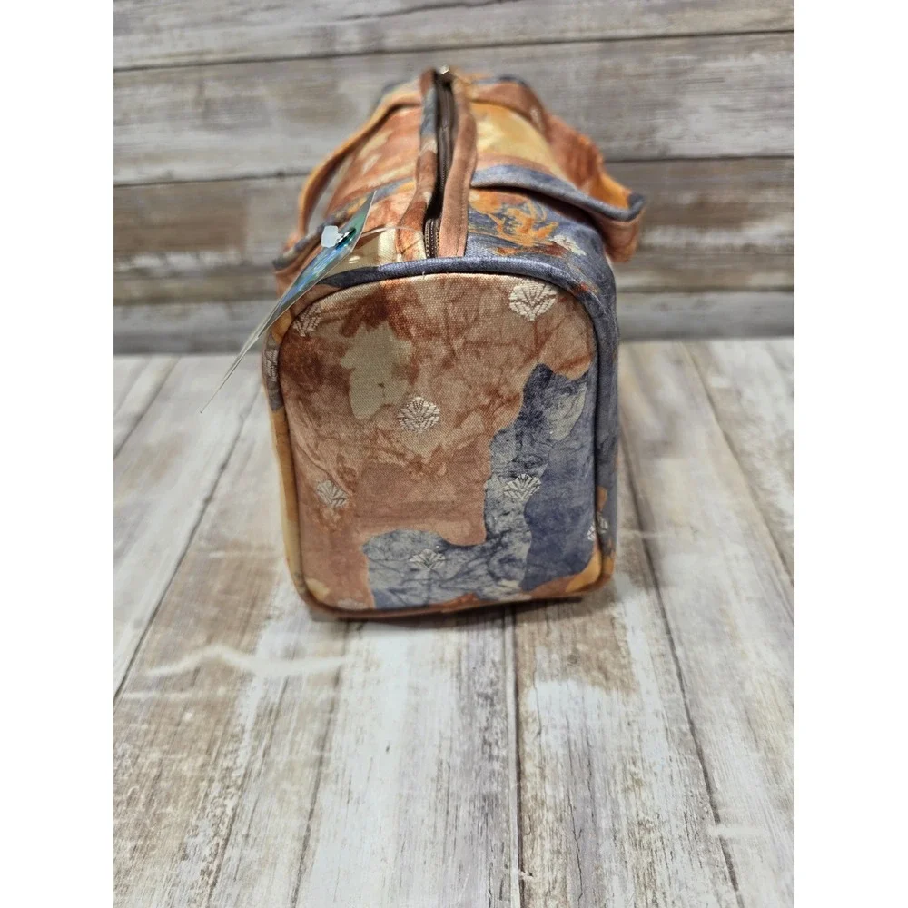 Living Things Co Abstract Floral Batik Canvas Barrel Travel Bag‎ Orange Blue NWT
